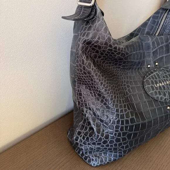 Longchamp Gray Croc-Embossed Shoulder Bag - Picture 6 of 16